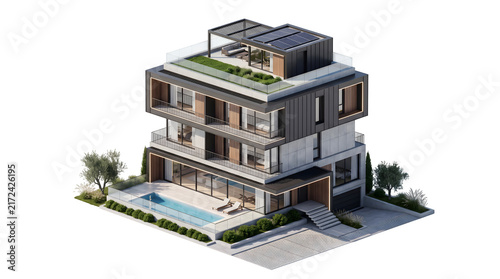Modern luxury three story villa with rooftop terrace swimming pool and contemporary architectural design isolated background