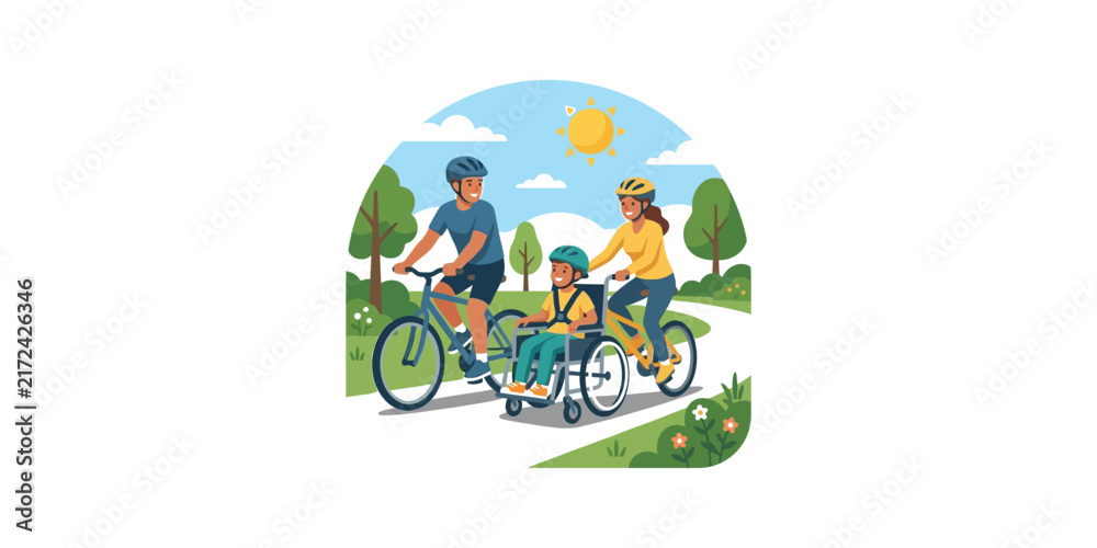 Fototapeta premium Family Enjoying A Bike Ride Together With A Child In A Wheelchair.