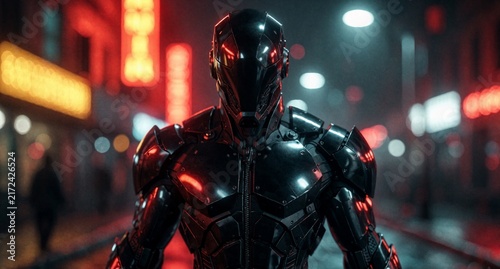 Cyberpunk Android Robot in Futuristic City Night Street with Neon Lights