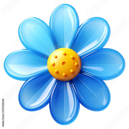 Glossy blue daisy flower 3d render with yellow center for spring floral pattern creation and summer app icons