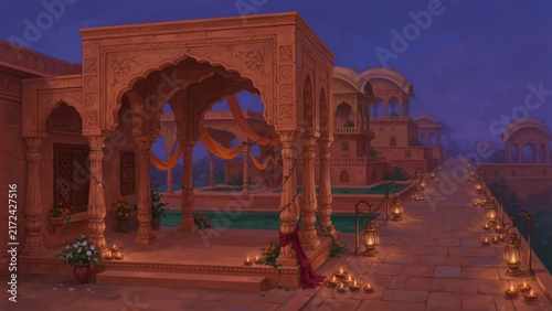 Traditional Indian architecture illuminated with glowing diyas during evening festivities and cultural celebrations