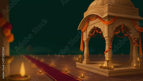 Traditional Indian architecture pavilion decorated for festive celebrations with glowing oil lamps