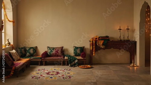 Traditional Indian Living Room Interior Decorated For Diwali Celebration With Rangoli