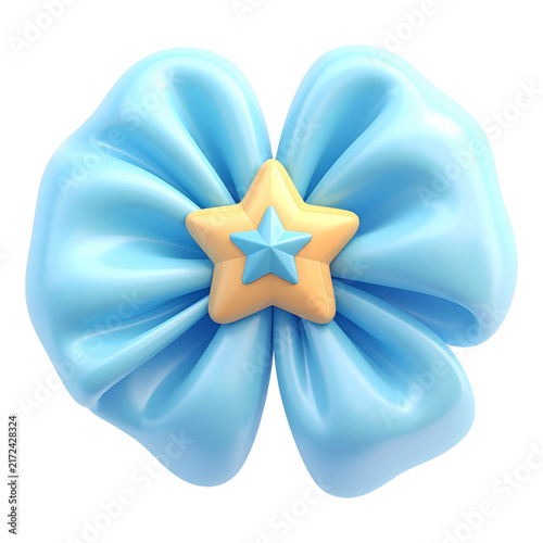 Glossy blue flower bow 3d icon with center star for festive gift decoration and luxury greeting card graphics