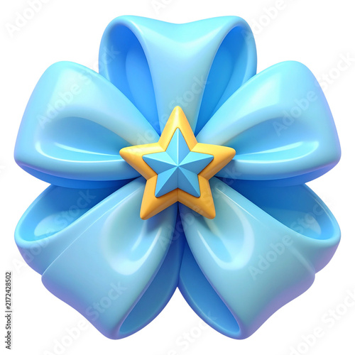 Shiny blue floral bow 3d illustration with star accent for holiday package wrap and retail sale promo banners