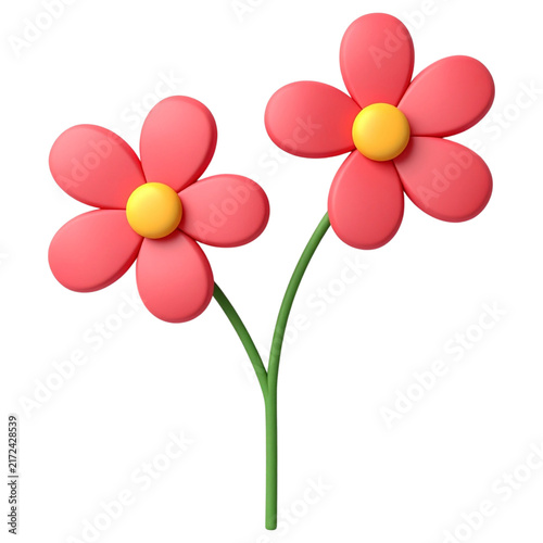 Red twin flowers on stem 3d illustration for botanical product labeling and garden club banner graphics