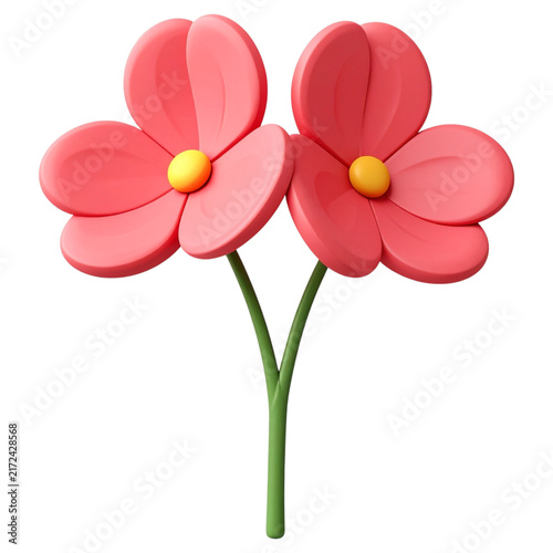 Minimalist red flowers 3d object with green leaves for floral wedding invitations and nature themed artwork