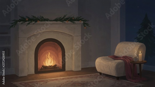 Warm and inviting rustic fireplace in a quiet winter holiday room