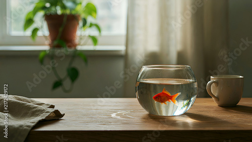 Goldfish swimming inside a glass bowl near a window