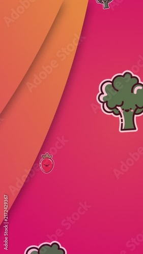 Animation of falling broccoli and tomatoes over abstract pattern against pink background