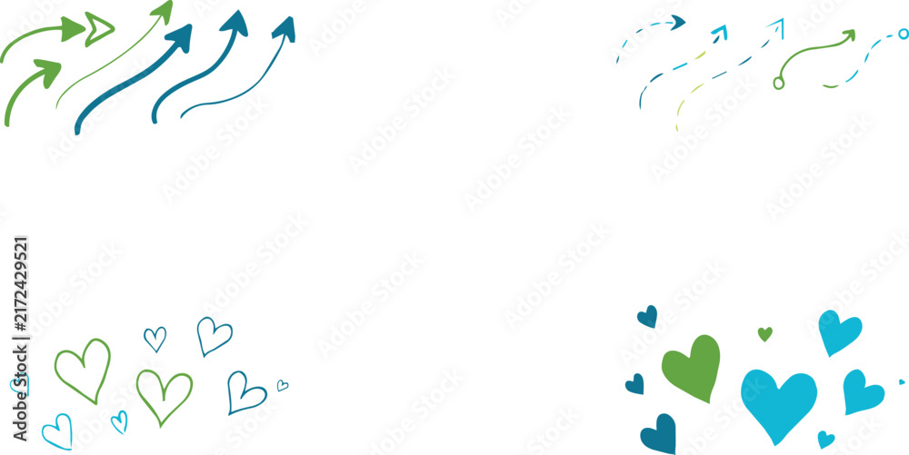 Fototapeta premium Set of blue and green hand drawn arrows and heart shapes isolated on a black background, for and decoration