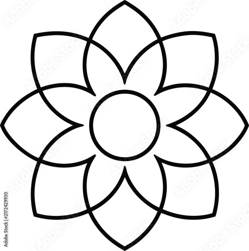 Geometric flower pattern. Seamless texture for textiles. Black line ornamental tiling. Floral vector illustration. Mandala decoration. Abstract botanical art.