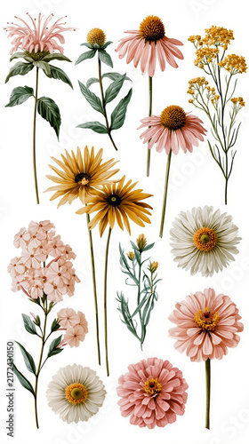 A digital illustration of a collection of flowers with various colors and shapes each with a green stem and leaves