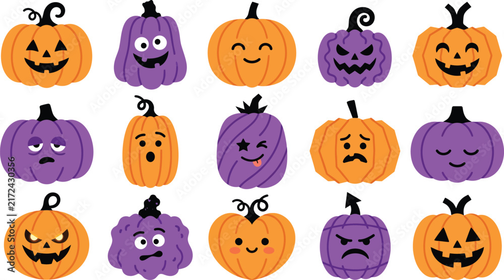 Obraz premium Cute Halloween Pumpkin Clipart Collection with Colorful Jack O Lantern Illustrations for Seasonal Decorations, Stickers, Cards, Crafts and Creative Design Projects
