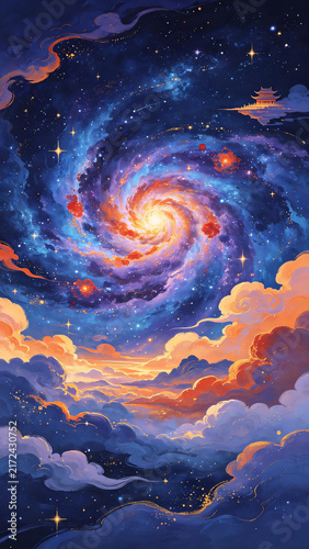 mystical spiral galaxy and ancient pavilion in starry night sky