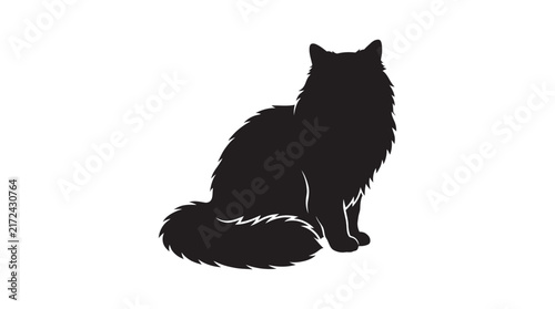 Fluffy cat in a seated position black silhouette