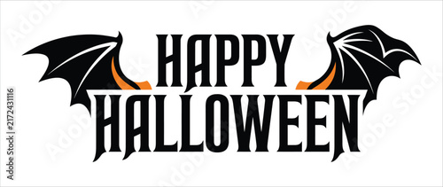 Happy halloween spooky typography logo with black bat wings spooky text holiday lettering halloween design scary typography halloween graphic seasonal greeting