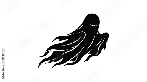 Canvastavla Black octopus silhouette with flowing tentacles against a white background silho