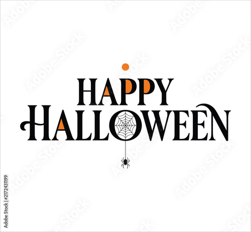 Happy halloween vector typography with spider hanging from letter o halloween text spooky design holiday lettering spider web halloween graphic scary typography