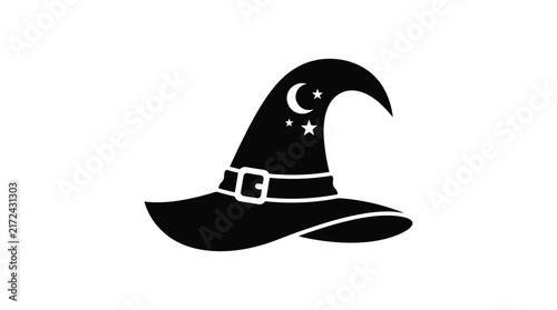 A black witch hat with crescent moon and stars is a silhouette