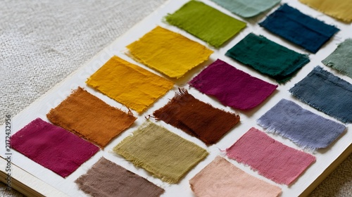 A collection of colorful fabric swatches arranged neatly on a white board  showcasing diverse natural dye tones for textile design and craft projects