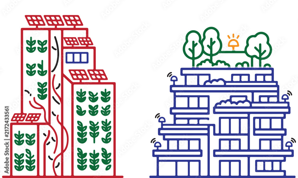 Naklejka premium Eco friendly smart buildings vector illustration with solar panels and rooftop gardens for sustainable urban development