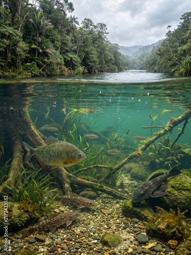 Underwater view of a clear freshwater river teeming with fish and aquatic plants, surrounded by dense tropical forest under a cloudy sky.