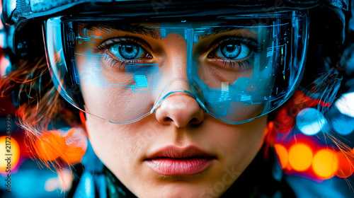 A woman with blue eyes wearing futuristic goggles and a helmet