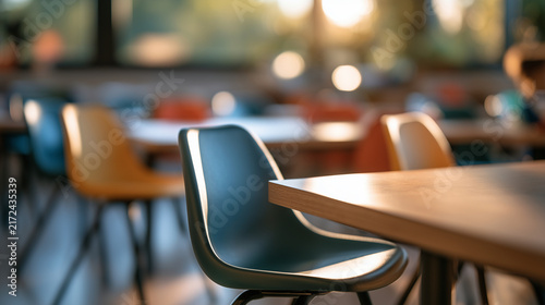 Detailed shot of an empty preschool or elementary school classroom with rows of colorful chairs neatly tucked under wooden tables, bright natural lighting, clean and crisp details,