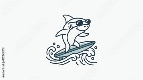 Canvas Print Minimalist vector illustration of a cool cartoon shark wearing black sunglasses while surfing on a blue surfboard atop ocean waves, isolated on a clean white background