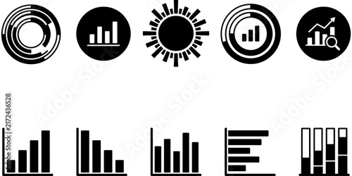 Set of black and white business data analysis icons featuring various bar charts and circular graphical elements