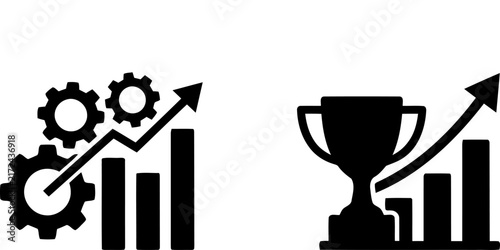 Black and white business icons showing gear process optimization and trophy achievement growth with rising bar charts