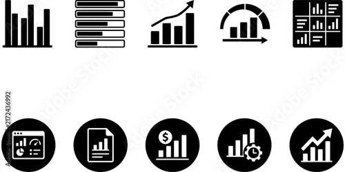 Set of black and white business analytics and data visualization icons for professional reports and digital dashboards