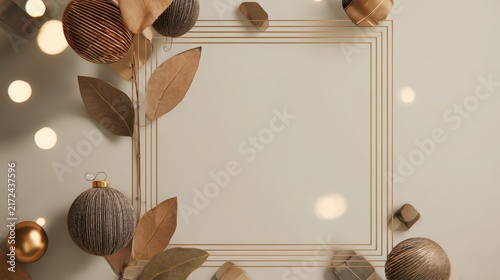 Neutral gold frame with leaves and baubles for christmas and new year greeting card layout or elegant holiday background and poster
