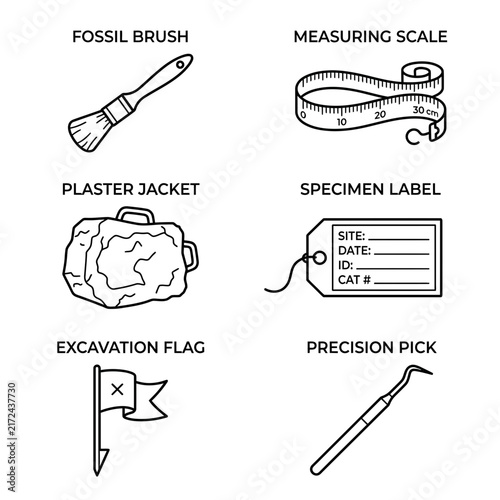 Paleontology tools including a fossil brush, measuring scale, plaster jacket, specimen label, excavation flag, and precision pick are displayed in a clean line art set.