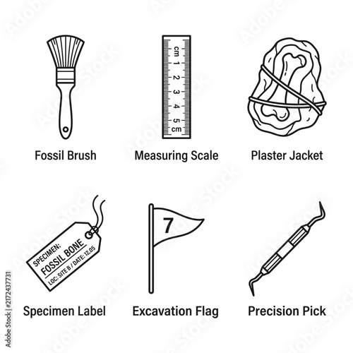 Paleontological excavation kit containing a fossil brush, measuring ruler, plaster jacket, specimen label, numbered flag, and precision pick is illustrated for scientific documentation.