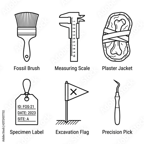 Paleontology excavation toolkit featuring a fossil brush, calipers, plaster jacket, labeled specimen tag, site flag, and precision pick is shown as a technical line art diagram.