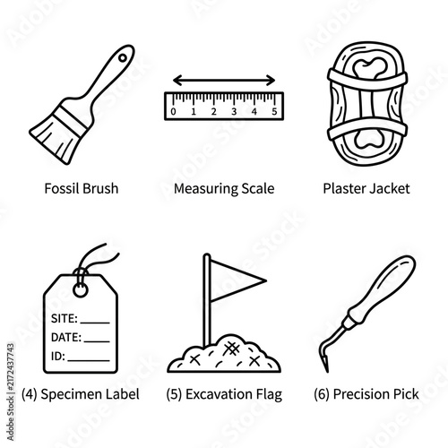 Paleontology tools including a fossil brush, measuring scale, plaster jacket, specimen label, excavation flag, and precision pick are displayed in a clean line art set.
