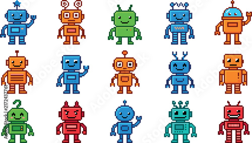 Konstfotografi Retro Pixel Art Robot Character Set Featuring Colorful Friendly Toy Droids and C