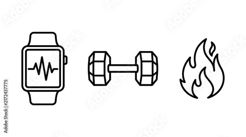 Fitness tracking icons featuring a smartwatch, a dumbbell, and a flame symbol represent health and calorie burning.