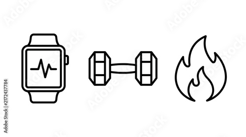 Smartwatch, dumbbell, and fire icons illustrate a fitness tracking concept for active lifestyles and weight loss programs.