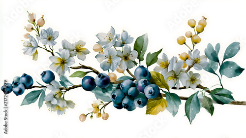 A digital artwork of a branch with blueberries flowers and leaves depicted in a realistic style with a focus on the vibrant colors and intricate details
