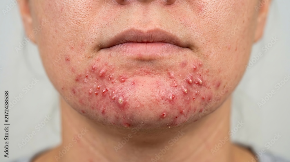 Naklejka premium Young man experiencing severe chin acne inflammation