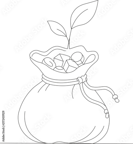 Line drawing depicts a bag filled with crystals and a sprouting leaf