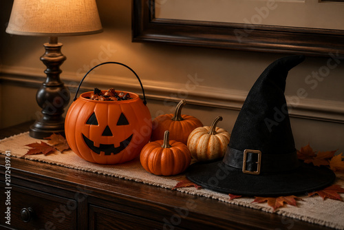 Pumpkin candy bucket with small pumpkins and witch hat on dark oak sideboard, Halloween still life concept