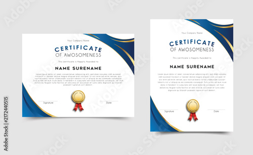 Modern certificate template featuring blue wave abstract elements and gold accents certificate template abstract achievement document academic