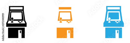 Set of three colorful arcade game machine icons isolated on a white background for gaming design projects