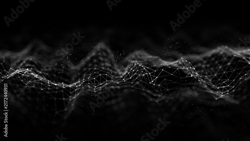 Cuadro en lienzo White digital wave on a dark background with glowing connection points, thin polygon lines and floating particles