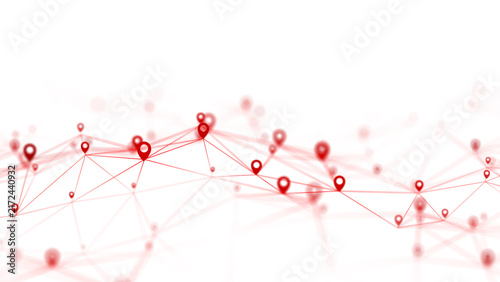 Red location pins connected by thin network lines on a white background with soft blurred markers and copy space. Abstract geolocation image for navigation, delivery route, logistics, mapping service 