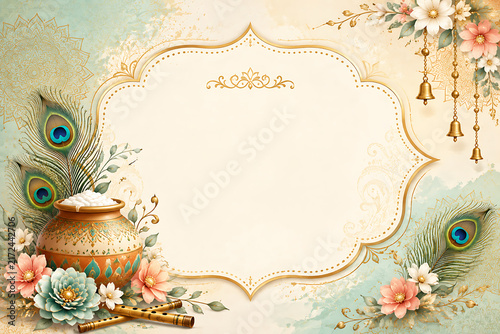 Elegant Janmashtami Celebration Background Featuring Dahi Handi Pot Peacock Feathers Golden Ornate Frame Flutes and Flowers with Blank Copy Space